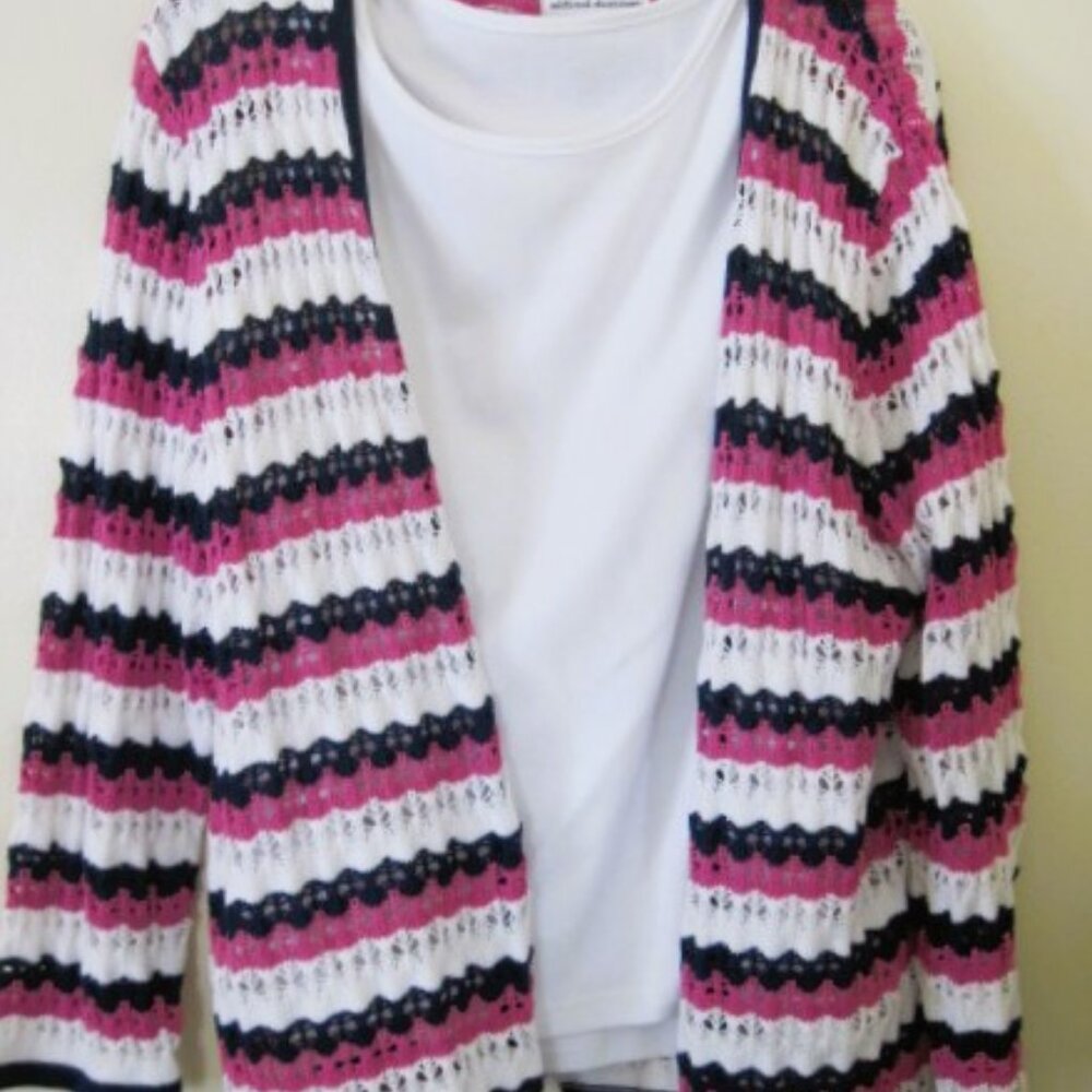 Alfred Dunner-Womens Size L-Pink/Blue/White Stripe Open Sweater With Tank Top